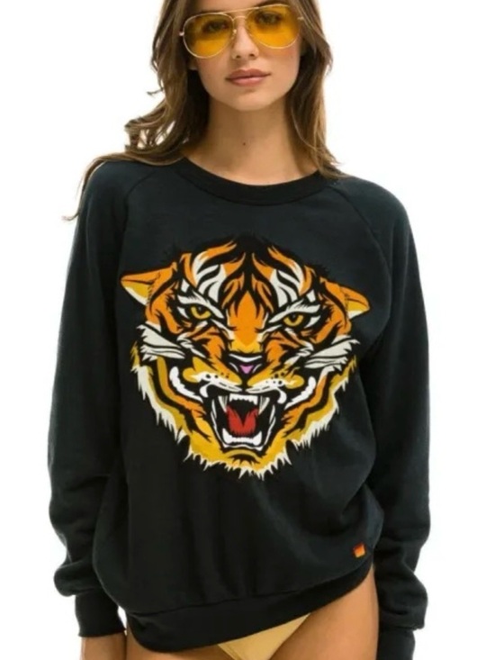 Aviator Nation Sweaters - Aviator Nation Charcoal Tiger Graphic Crewneck Sweatshirt - Yellow Accent